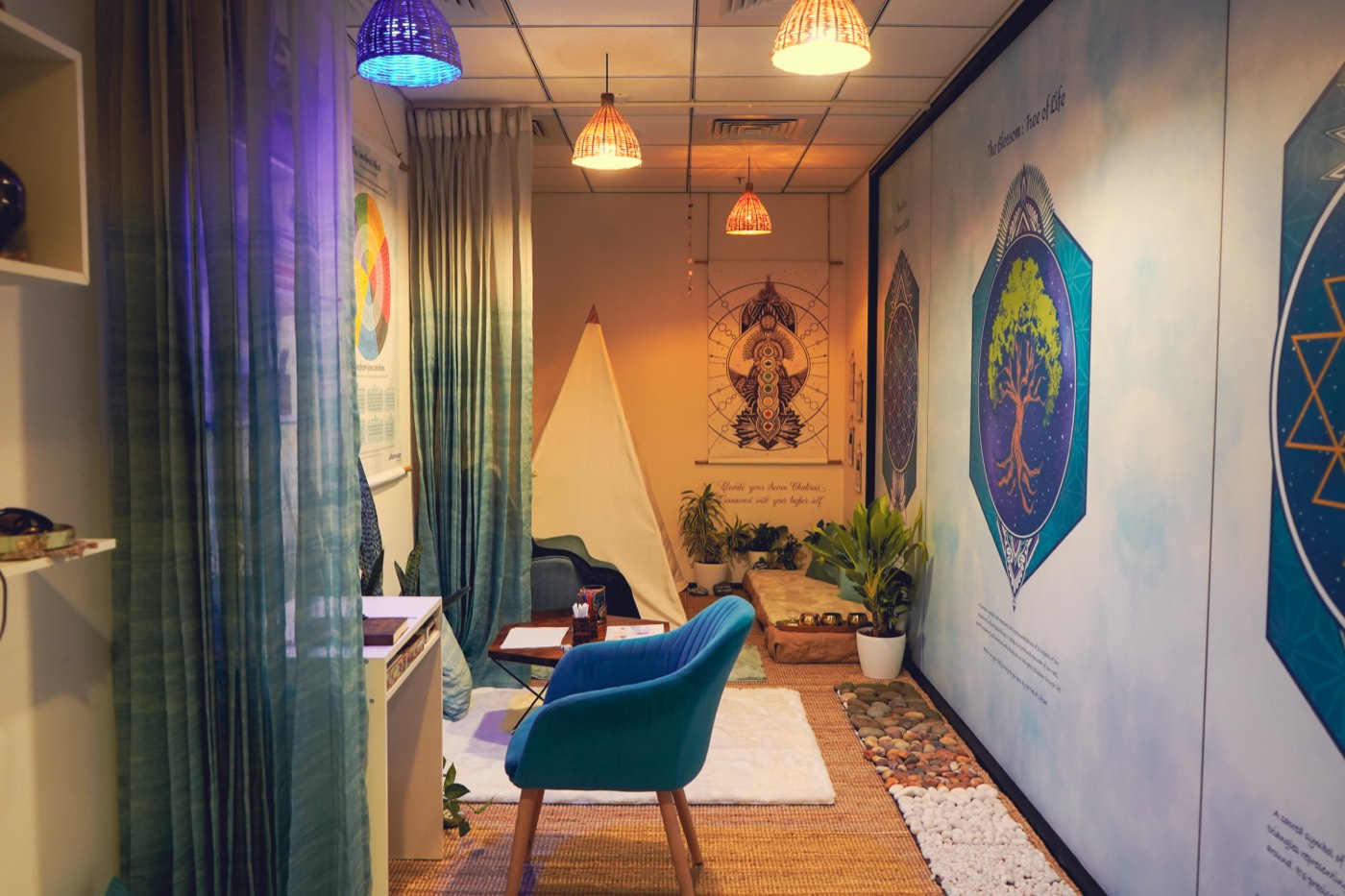 A temporary Zen Garden set up inside a converted meeting room
