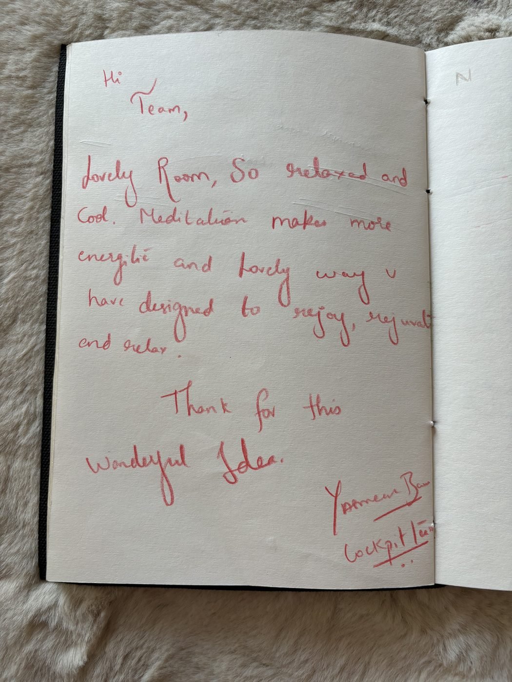 A handwritten card left in the gratitude book