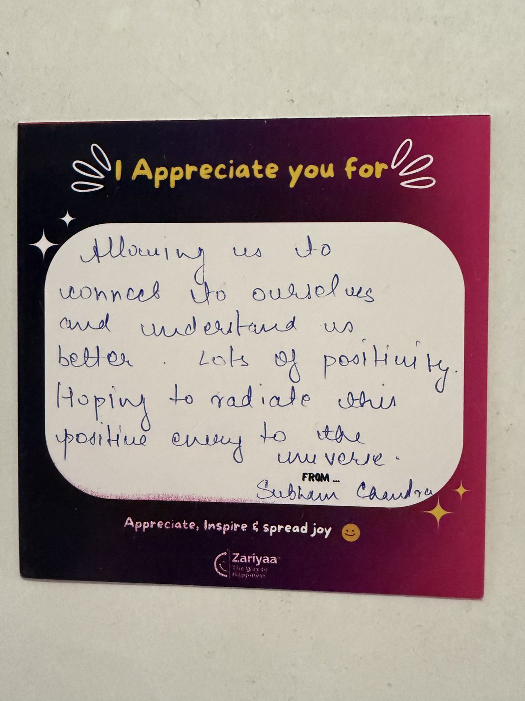 Handwritten testimonial card